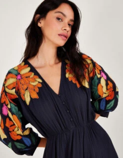 MONSOON Leaf Embellished Applique Dress In In LENZING™ ECOVERO™ Blue -Amour Fashion 23 64033861 2