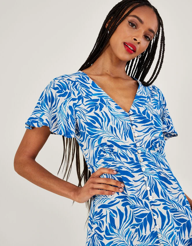 MONSOON Florence Leaf Print Tea Dress In Sustainable Viscose Blue 5 MONSOON Florence Leaf Print Tea Dress In Sustainable Viscose Blue - Image 3