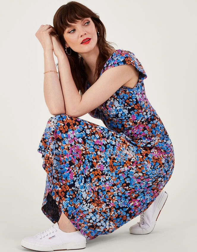 MONSOON Twist Detail Ditsy Print Jersey Dress Blue 4 MONSOON Twist Detail Ditsy Print Jersey Dress Blue - Image 2