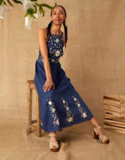 MONSOON Leah Embroidered Midi Dress In Linen Blend Blue -Amour Fashion 24 34072461 6