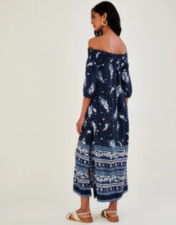 MONSOON Printed Shirred Off-Shoulder Dress In LENZING™ ECOVERO™ Blue -Amour Fashion 24 34738261 3