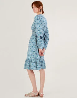 MONSOON Faye Geometric Print Embroidered Dress In LENZING™ ECOVERO™ Blue -Amour Fashion 24 54017902 3