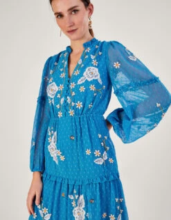 MONSOON Belle Tiered Dress In Recycled Polyester Blue -Amour Fashion 24 54085602 2