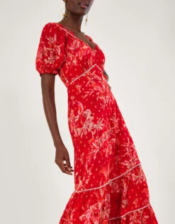 MONSOON Arielle Tiered Print Dress With Sustainable Viscose Red -Amour Fashion 24 54088609 4