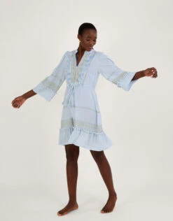 MONSOON Embroidered Pom-Pom Kaftan Dress In LENZING™ ECOVERO™ Blue -Amour Fashion 24 54143402 2