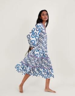 MONSOON Geometric Print Kaftan Dress In Sustainable Cotton Blue -Amour Fashion 24 54150432 2