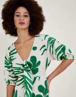 MONSOON Abstract Palm Print Tie Front Midi Dress Green -Amour Fashion 24 54154907 2
