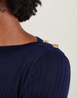 MONSOON Button Detail Ribbed Fit And Flare Dress With Recycled Polyester Blue -Amour Fashion 24 54179361 4