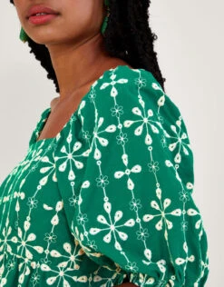 MONSOON Embroidered Puff Sleeve Short Dress In Sustainable Cotton Green -Amour Fashion 24 54287007 4