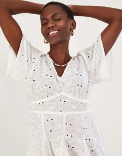 MONSOON Schiffli V-Neck Pleated Short Dress White -Amour Fashion 24 54313513 4