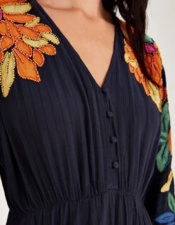 MONSOON Leaf Embellished Applique Dress In In LENZING™ ECOVERO™ Blue -Amour Fashion 24 64033861 3