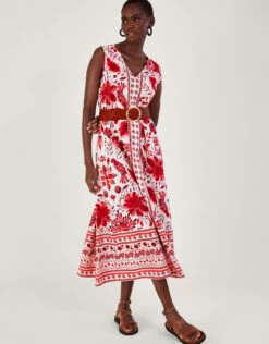 MONSOON Print Midi Dress In Linen Blend Red -Amour Fashion 25 54020809 4