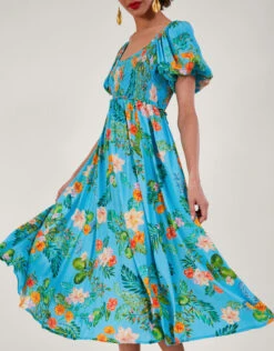 MONSOON Limella Floral Print Shirred Dress In Sustainable Viscose Blue -Amour Fashion 25 54087302 4