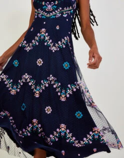 MONSOON Fiorella Frill Strap Embroidered Dress Blue -Amour Fashion 25 54089061 2