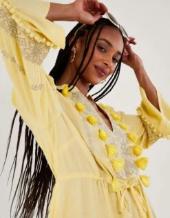 MONSOON Embroidered Pom-Pom Kaftan Dress In LENZING™ ECOVERO™ Yellow -Amour Fashion 25 54143414 4