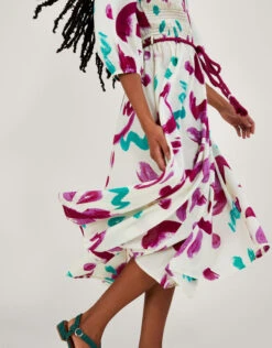 MONSOON Abstract Brushstroke Print Shirred Midi Dress In Sustainable Cotton Ivory -Amour Fashion 25 54162746 2