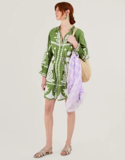 MONSOON Embroidered Pineapple Applique Dress In Linen Blend Green -Amour Fashion 25 54272707 4