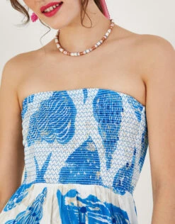 MONSOON Shell Print Shirred Bandeau Midi Dress Ivory -Amour Fashion 25 54298546 4