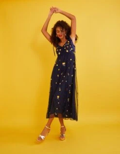 MONSOON Marisa Embroidered Midi Dress Blue