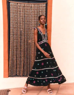MONSOON Wide Strap Motif Embroidered Maxi Cami Dress Black