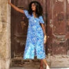 MONSOON Florence Leaf Print Tea Dress In Sustainable Viscose Blue -Amour Fashion 51 64045102 7