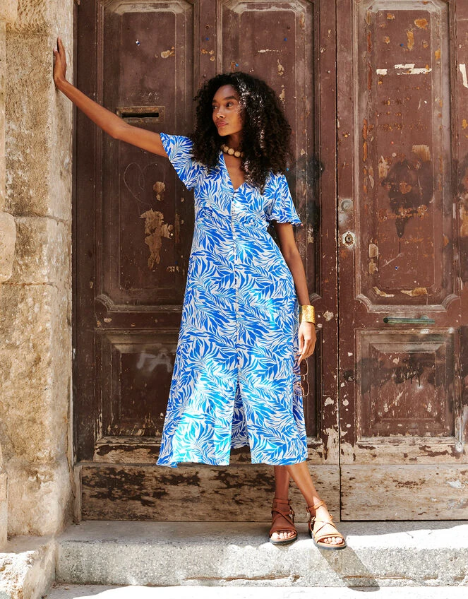 MONSOON Florence Leaf Print Tea Dress In Sustainable Viscose Blue 3 MONSOON Florence Leaf Print Tea Dress In Sustainable Viscose Blue